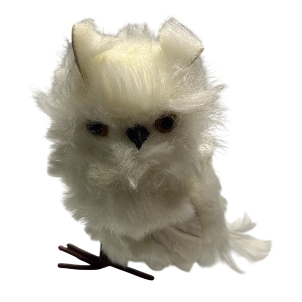 Faux Fur White Snowy Owl Figurine Winter Christmas Decor 5.5-Inch Wire Feet - Picture 2 of 7
